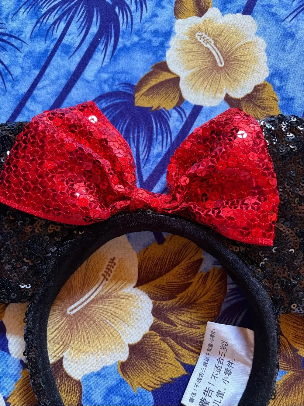 Disney Parks Minnie Mouse Black Sequin Ears Headband with Red Bow